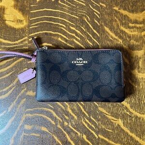 Coach Dark Brown Signature C Coated Canvas Double Zip Pink Leather Wristlet